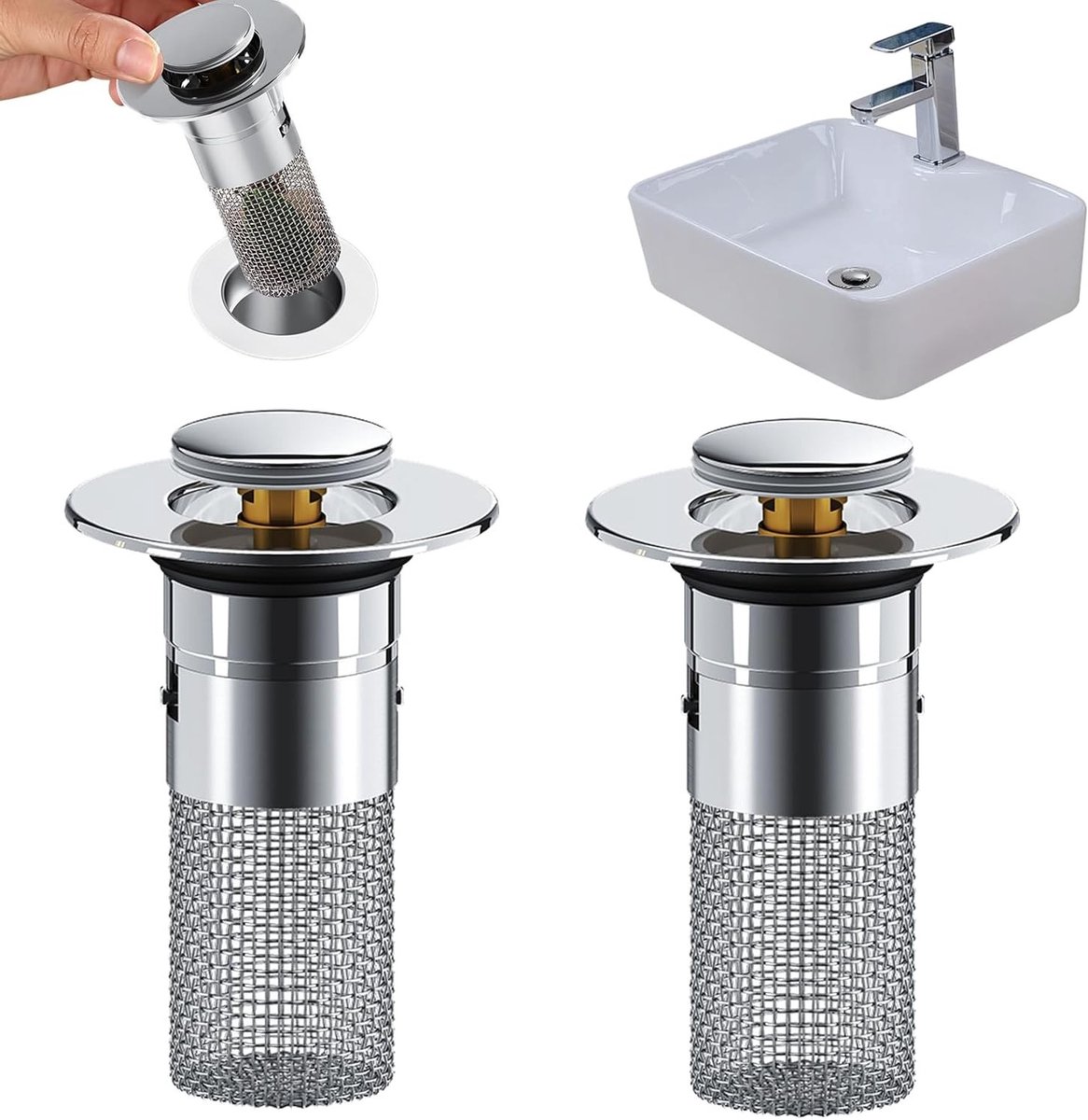 Basin Stopper Set van 2, Afvoerstop voor 33-40 mm Afvoer, RVS Afvoerfilter en Stop, Ideaal voor Keuken en Badkamer
