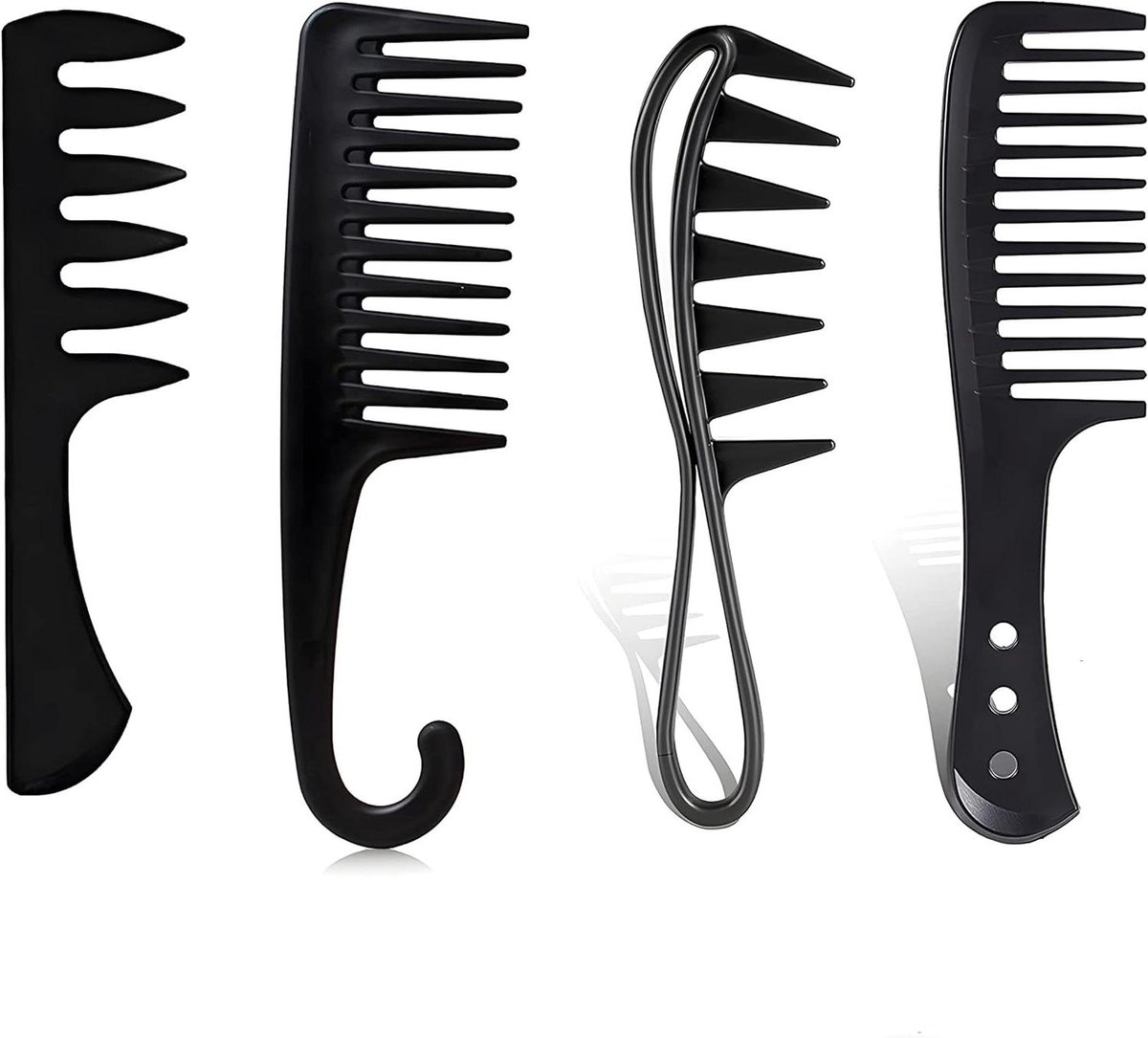 Kam met brede tanden - Haarkam set - Haar ontklitten - Voor krullend haar - 4 stuks - Zwart
