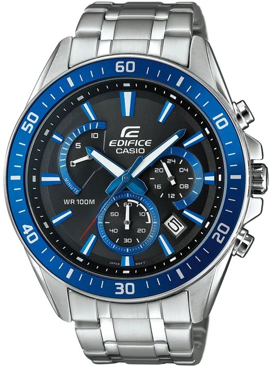 Zilverkleurig Edifice Casio horloge met blauwe lunette en zwarte wijzerplaat met chronograaf.