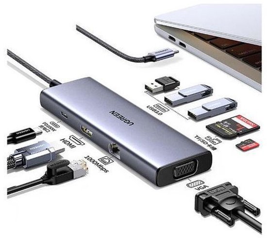 Grijze UGREEN USB-C hub naast een laptop, met diverse aansluitingen zoals HDMI, VGA, Ethernet, USB en SD-kaarten.