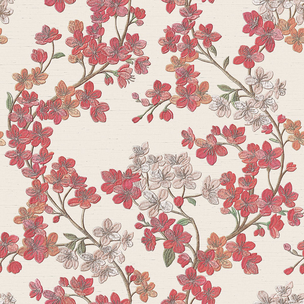 Bloemen behang Profhome GR322203-DI vliesbehang hardvinyl warmdruk in reliëf gestempeld met bloemmotief glinsterend beige karmijnrood lichtgroen zalmoranje 5,33 m2