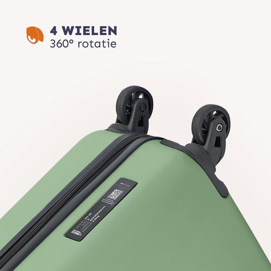 Drie wielen van een lichtgroene koffer met 360° rotatie.