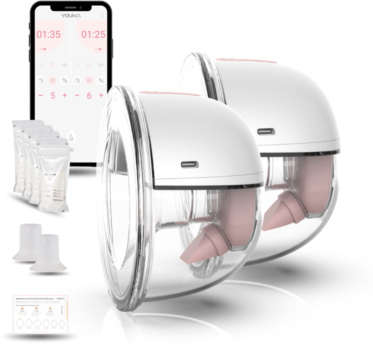 Bol.com Youha Elektrische Dubbele Draadloze Borstkolf Gen 2 - Handsfree & Draagbaar - BPA-vrij - Met App - 22mm & 24mm - Inclusi... aanbieding