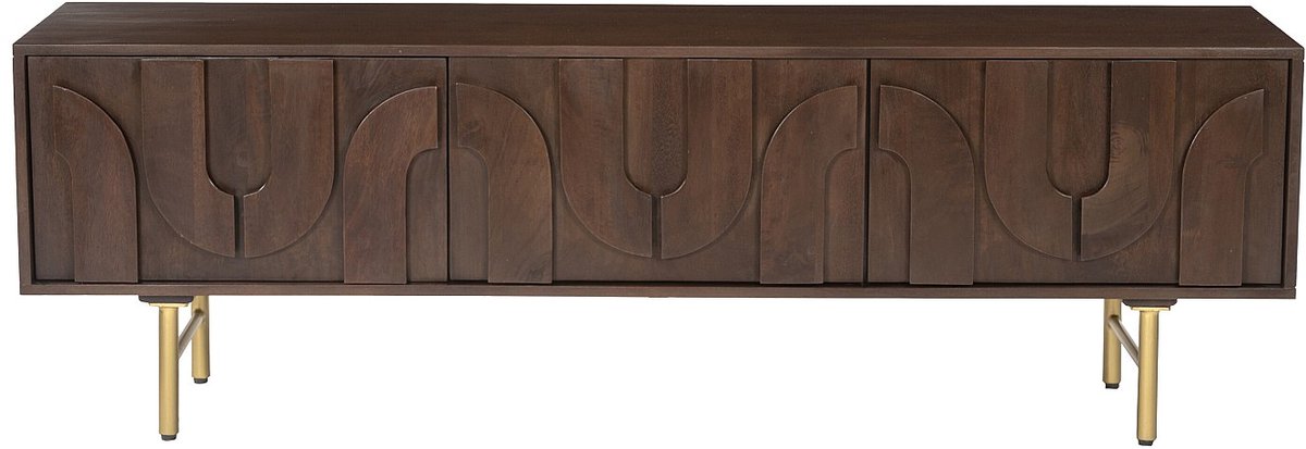 Vente-unique Tv-meubel met 3 deuren van mangohout en goudkleurig metaal - Donker naturel - MIZORAM van Maison Céphy