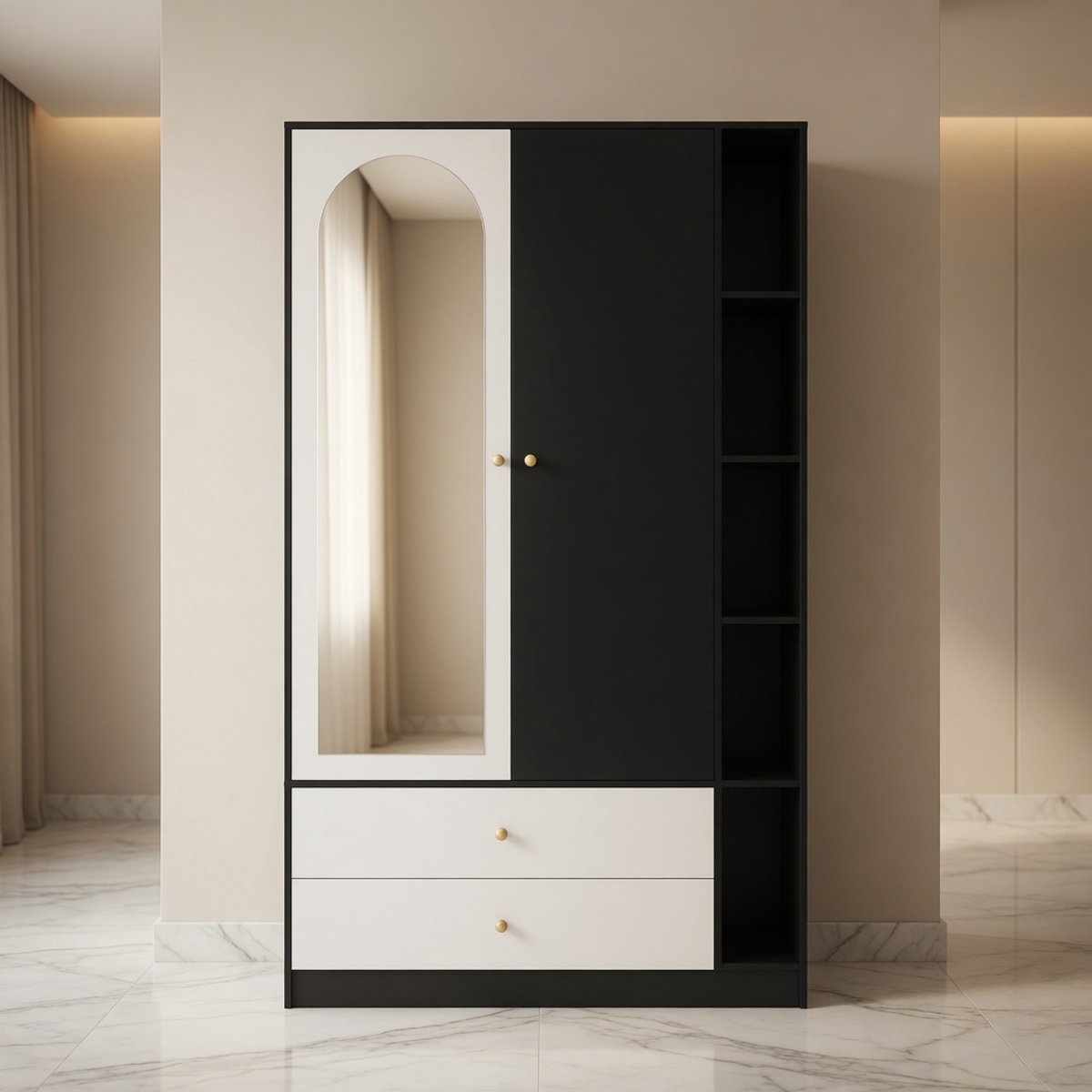 Luxe Kledingkast met Spiegel 180 cm – Moderne Garderobekast met 2 Laden, Kledingstang en Open Planken – Ruimtebesparende Kast voor Slaapkamer en Hal – Zwart/Wit – 80 x 40 x 180 cm Mobili Bella