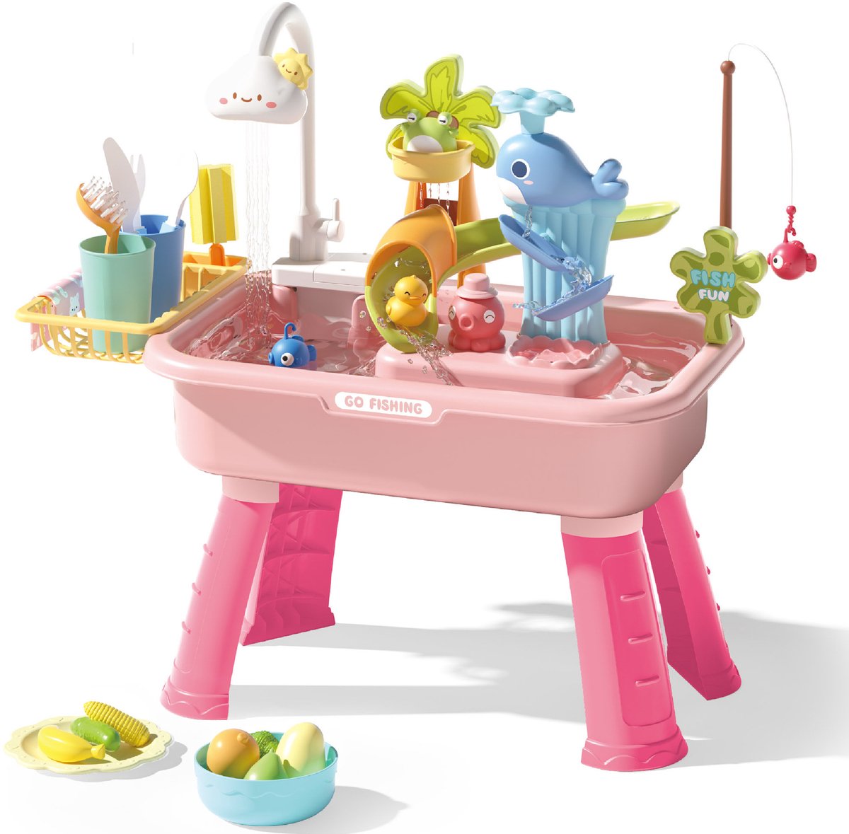 Rain Showers Splash Pond Watertafel - Verstelbare Hoogte - Met Speelgroenten, Serviesgoed En Visspel Accessoireset - Waterspeelgoed Voor Kind - Activiteitentafel Met Water Voor De Tuin / Buiten - Roze