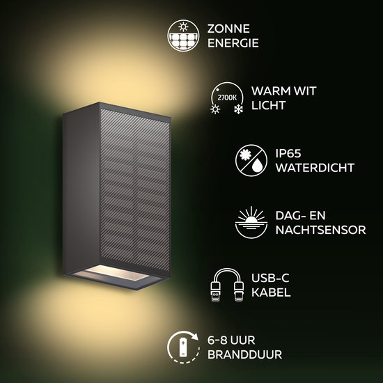 Calex Birindisi Solar Wandlamp – Set Van 4, Zwart, Met Up & Down Licht, Warmwit 2700K, IP65 Waterdicht