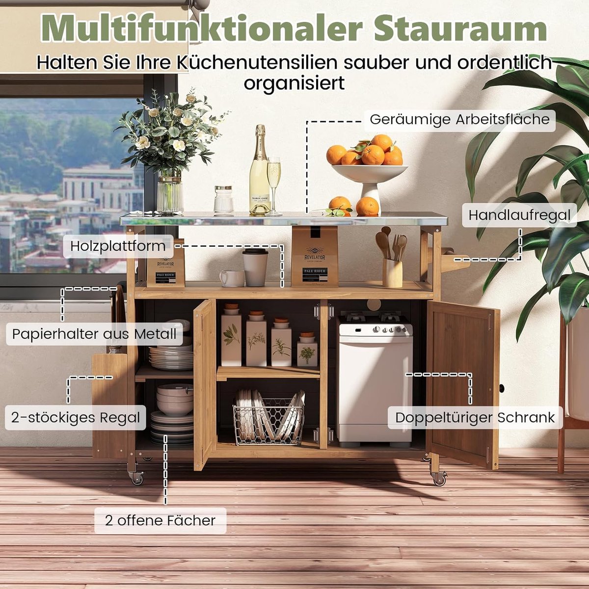 BBQ grillwagen op wielen – ABTKantoor outdoor keukeneiland met roestvrijstalen werkblad, kast, kruidenrek & opbergruimte – barbecue serveerwagen 130 × 47 × 92 cm – tuin grill trolley