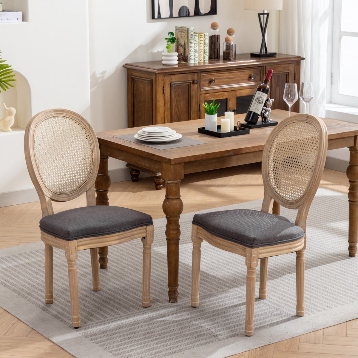 MODENUIT Eetkamerstoel - Set van 2 - Rotan Rugleuning en Houten Frame - Voor Eetkamer - St