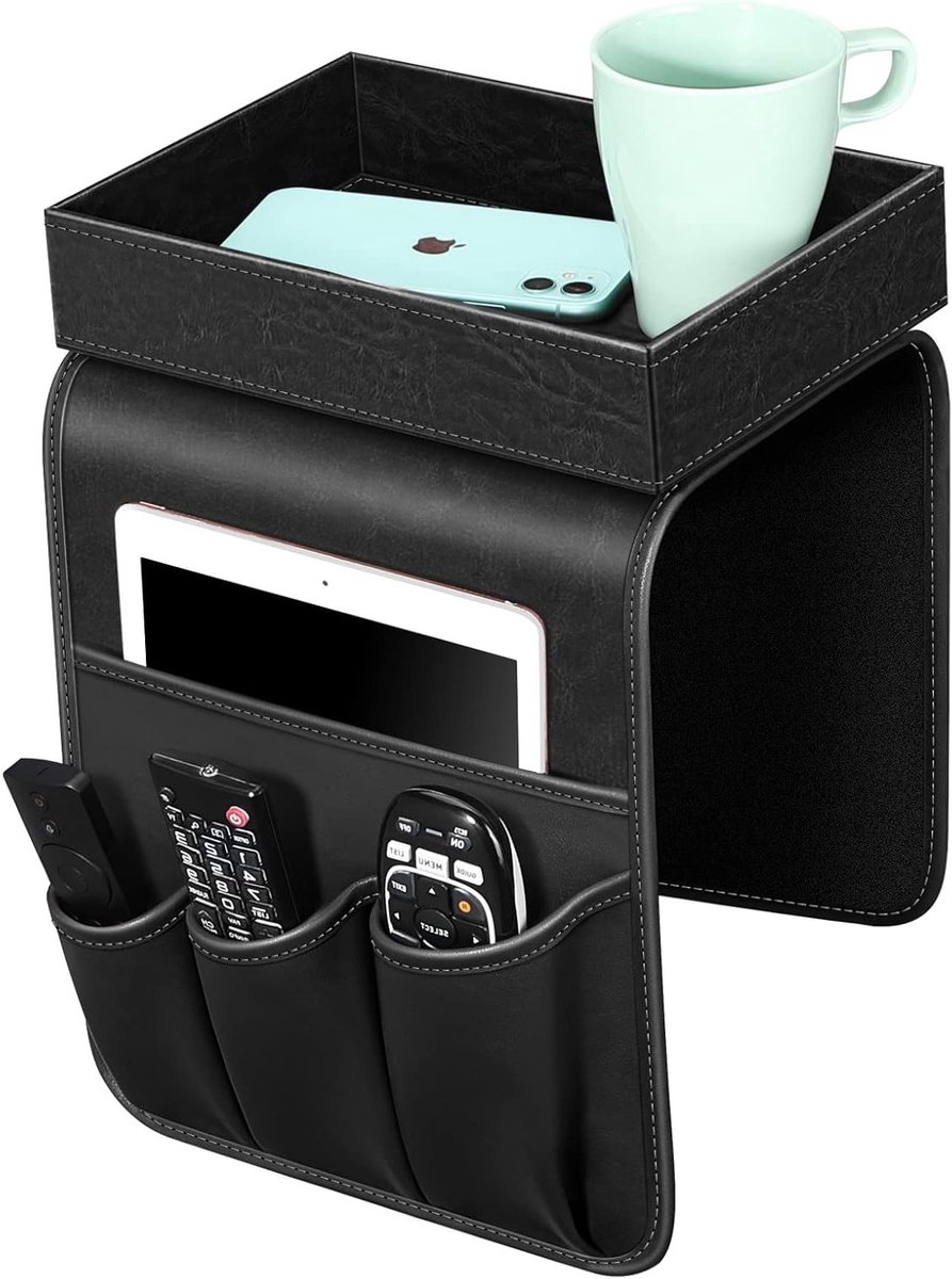 Sofa afstandsbediening houder met afneembare lade - PU leren armleuning organizer met 5 vakken voor tijdschriften, telefoon en gamecontrollers