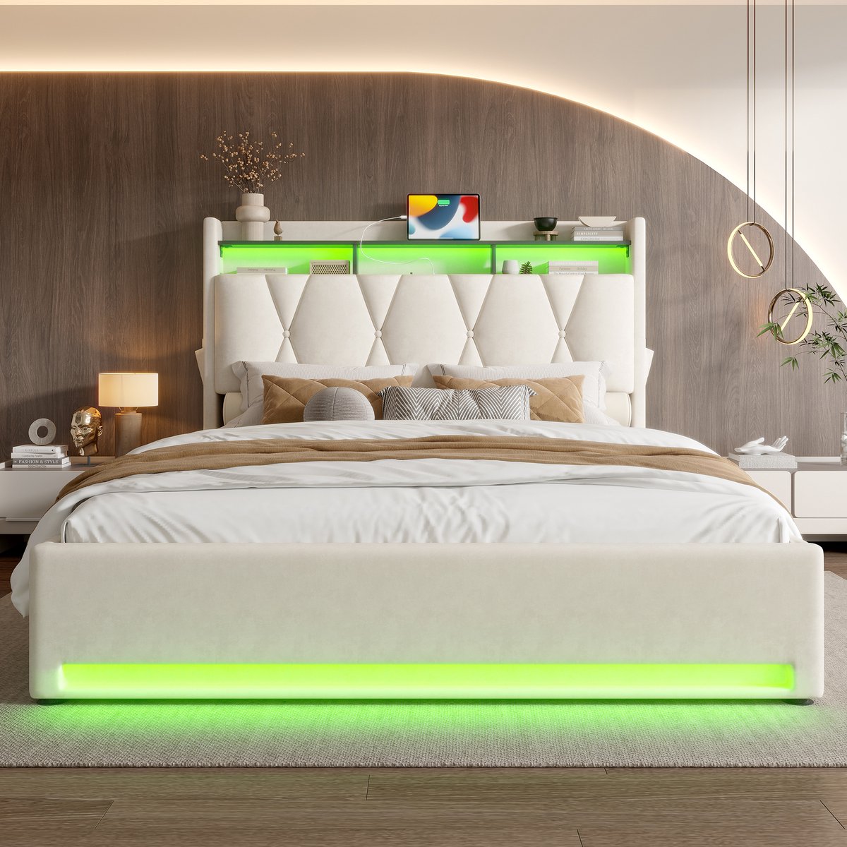 VVBV Bed met opbergruimte 140x200 / Tweepersoonsbed 140x200 – met Hydraulische Opbergruimte, LED-Verlichting, USB, USB-C, Lattenbodem – Hoofdbord – Fluweel Beige