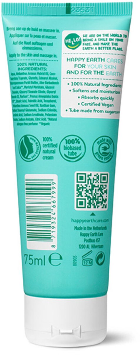 Happy Earth 100% Natuurlijke Handcréme Sensitive & Dry Skin - 75 ml