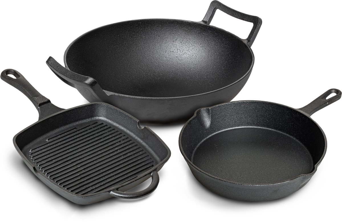 Blackwell Pannenset Cast Iron Zwart 3-delig - Grillpan 23 x 23 cm, Koekenpan ø 25 cm & Wok ø 32 cm - Gietijzer - Geschikt Voor Alle Warmtebronnen