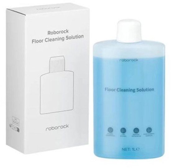Solution de nettoyage pour sol Roborock, bouteille de 1 litre avec boîte. Liquide bleu.