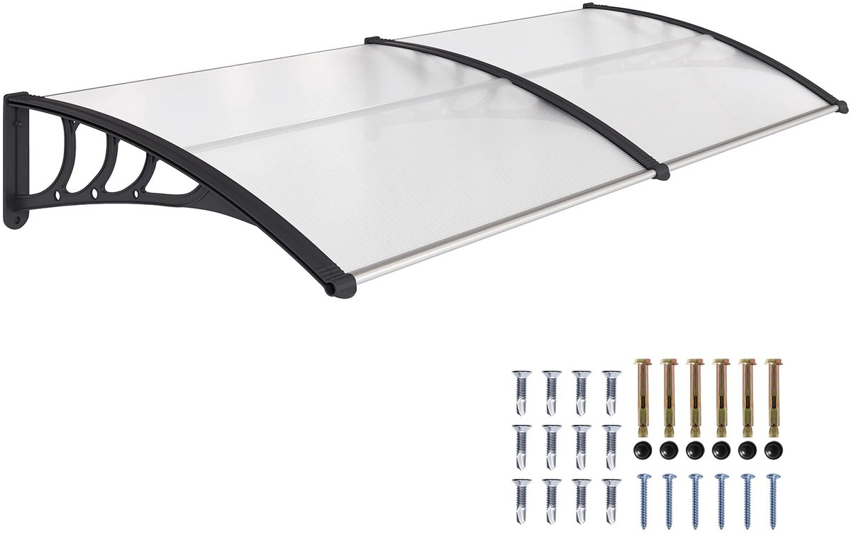 Solvix Luifel – Deurluifel – Luifel Voordeur – Polycarbonaat Afdak – Weerbestendig Beschermdak – UV-Bescherming – Gebogen Design – Voor Deur en Raam – 195×80 cm – Transparant/Zwart