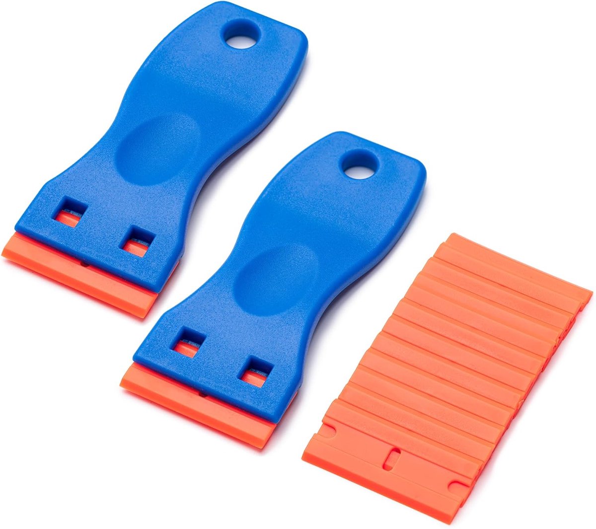 2-delige plastic schraper met scheermesjes en 30 mesjes, gereedschap voor het verwijderen van etiketten en stickers, krasvrije plastic schraper met scheermesjes, lijmverwijderaar voor keukenapparatuur, raamstickers en verf.