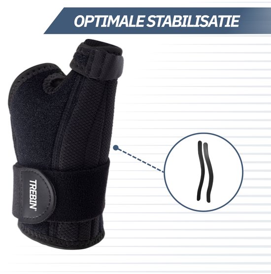 Zwarte duimbrace met klittenbandsluiting en een cirkel met twee zwarte baleinen.