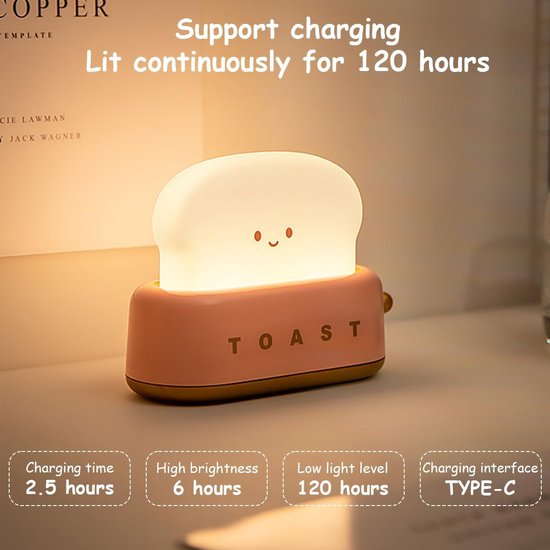 Nachtlampje Toaster Lamp - Nachttafellamp voor Kinderen, LED Nachtlampje met USB Oplaadbaar en Timer, Draagbare Slaapkamer Nachttafellamp voor Kind Tiener Kamer Decoratie (Roze) van Merkloos — afbeelding 2