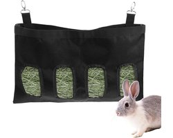 Kleine Dieren Voederstation met 4 Vensters - Wasbare Hangende Hooi Dispenser voor Cavia's, Konijnen en Chinchilla's van Oxford Stof (Zwart)