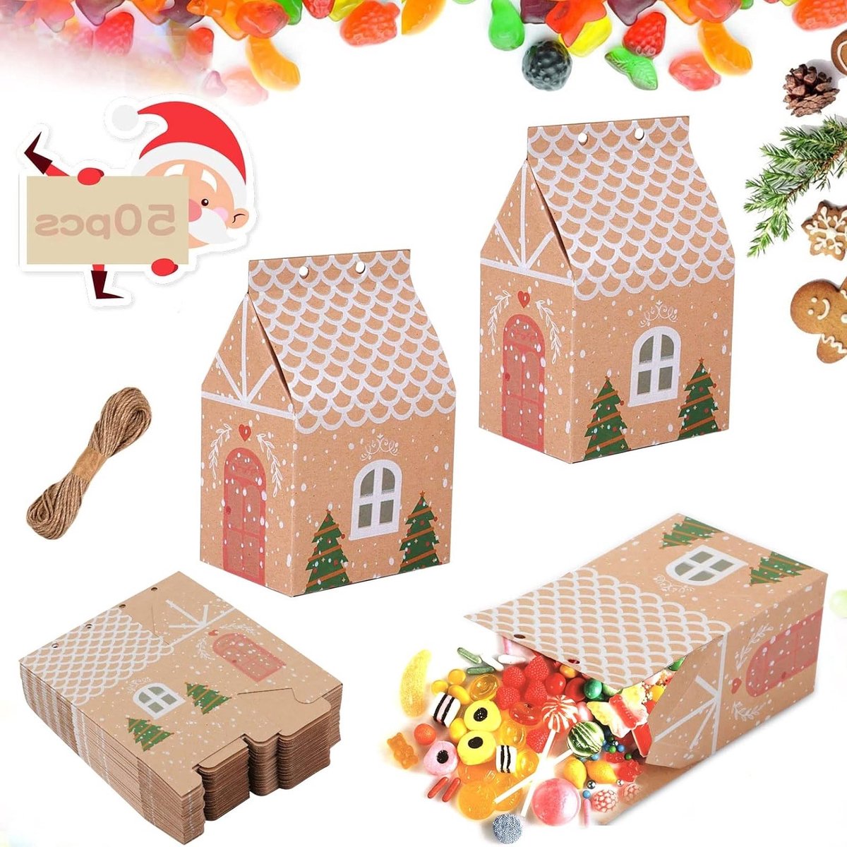 50 Stuks Kerst Kraft Papieren Cadeau Dozen voor Feestjes, Verjaardagen en Snoepjes, DIY Decoratie en Verpakking