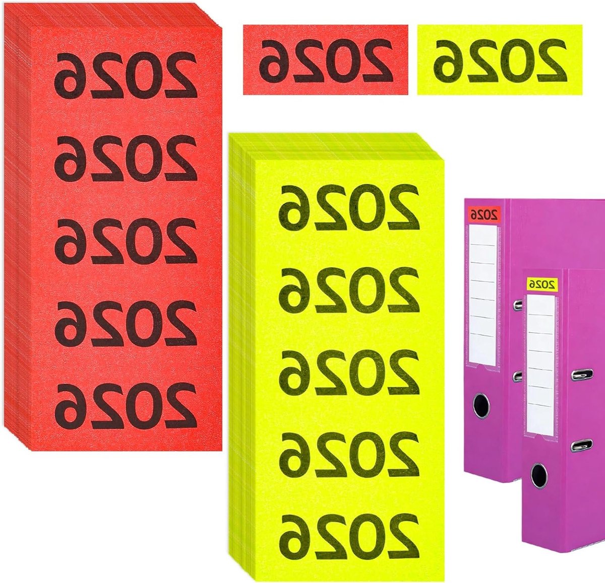 400 stuks jaarstickers 2026 voor mappen, zelfklevende labels voor archivering en organisatie, rode en gele kleurcodes