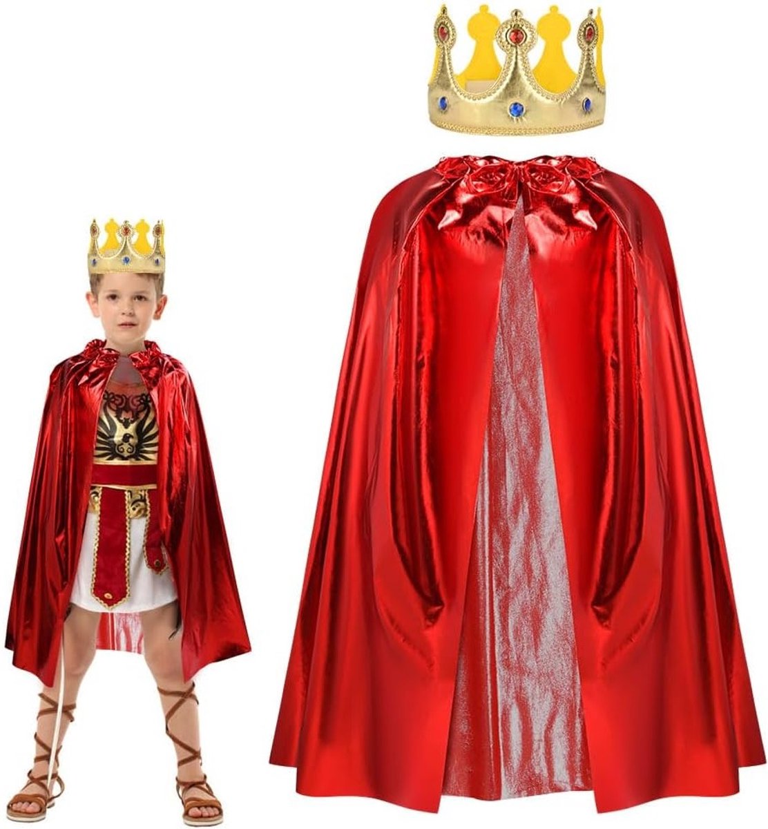 Koninklijke Kinderen Kostuum met Kroon, Rood Fluwelen Mantel voor Jongens en Meisjes, Middeleeuwse Prins en Prinses, Perfect voor Halloween, Carnaval en Feestjes