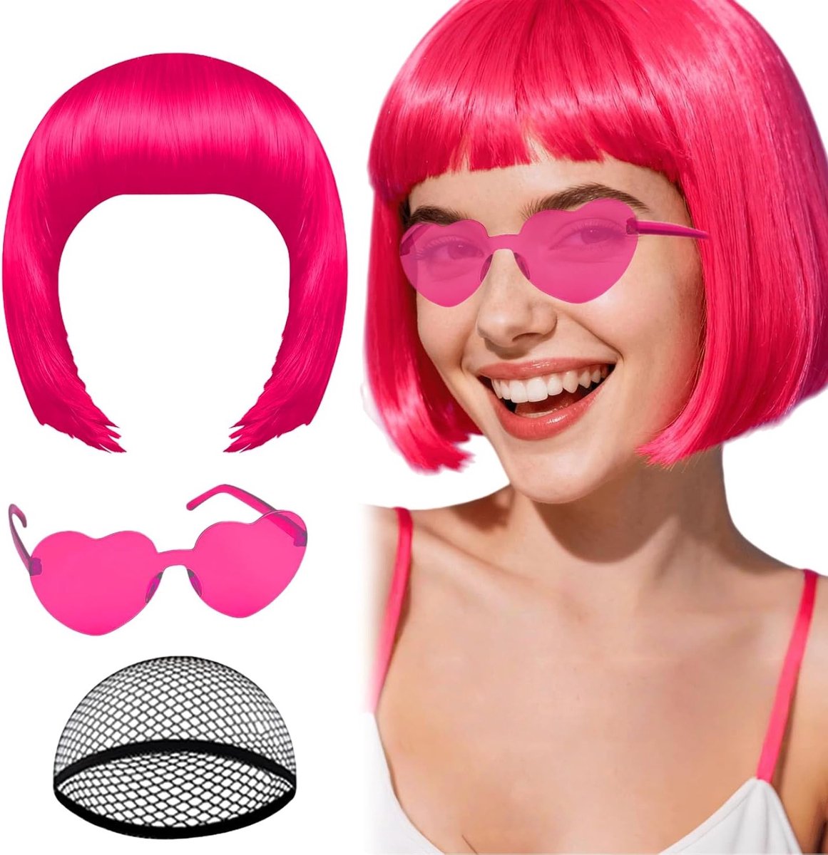 Rode Bob Peruk met Pony voor Vrouwen, Korte Hittebestendige Cosplay Peruk voor Carnaval en Halloween met Zonnebril en Hoed