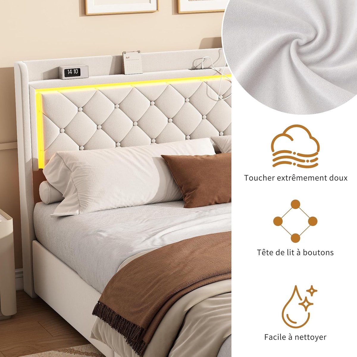 Bedframe 160x200 cm met RGB LED Verlichting, USB-C & Opbergladen – Fluwelen 2-Persoons Bed met Gestikt Hoofdbord Beige – Laura