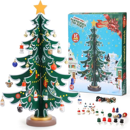 Adventskalender Kerstmis 2025, 24 Dagen met Houten Kerstboom en 36 Decoraties voor Kinderen, Kerstcadeaus en Feestdecoratie