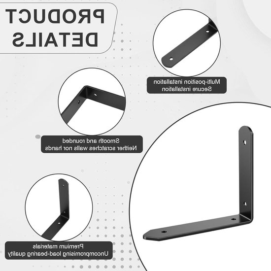Set van 4 U-vormige metalen wandsteunen, 14 cm lang, 25 kg draagvermogen per paar voor uitschuifbare planken in woonkamer, keuken en badkamer, zwart van Merkloos — afbeelding 4