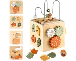 Montessori Motoriekcubus – vanaf 1 jaar, houten speelgoed voor baby's vanaf 18 maanden, 6-in-1 Activiteitencubus met motoriekspiraal, houten motoriekspeelgoed voor 1-2 jaar, cadeau voor peuters