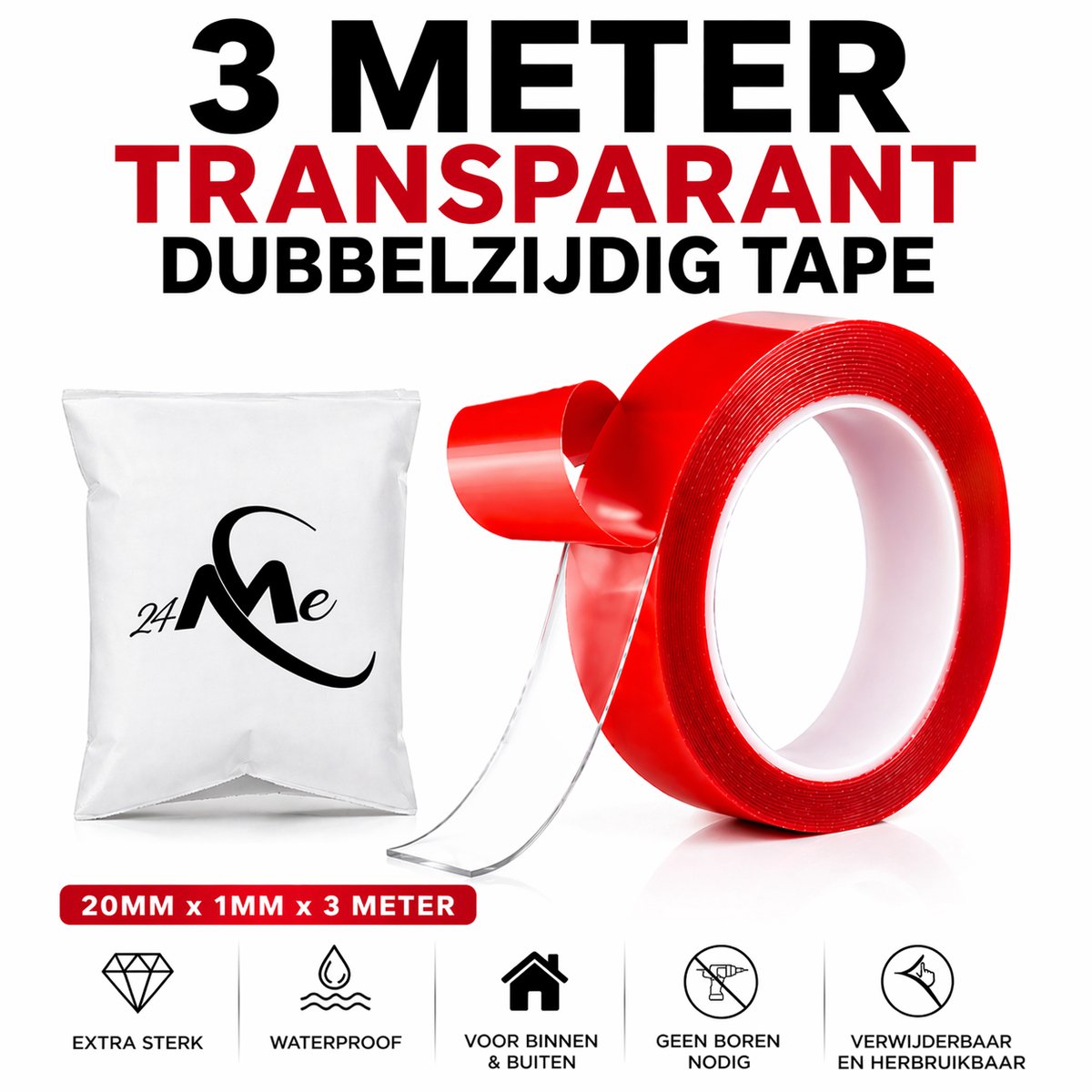 24ME® 3 Meter Premium Montage Tape Incl. Bewaar Etui - Transparant - Ultra Sterk