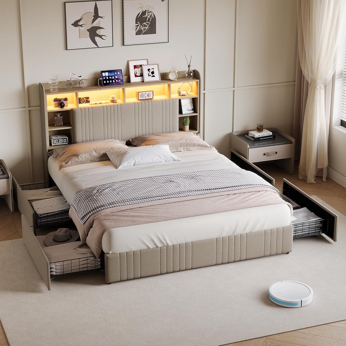Luxe Gestoffeerd Opbergbed 160x220 cm - Beige - 160x220 cm - Arqam