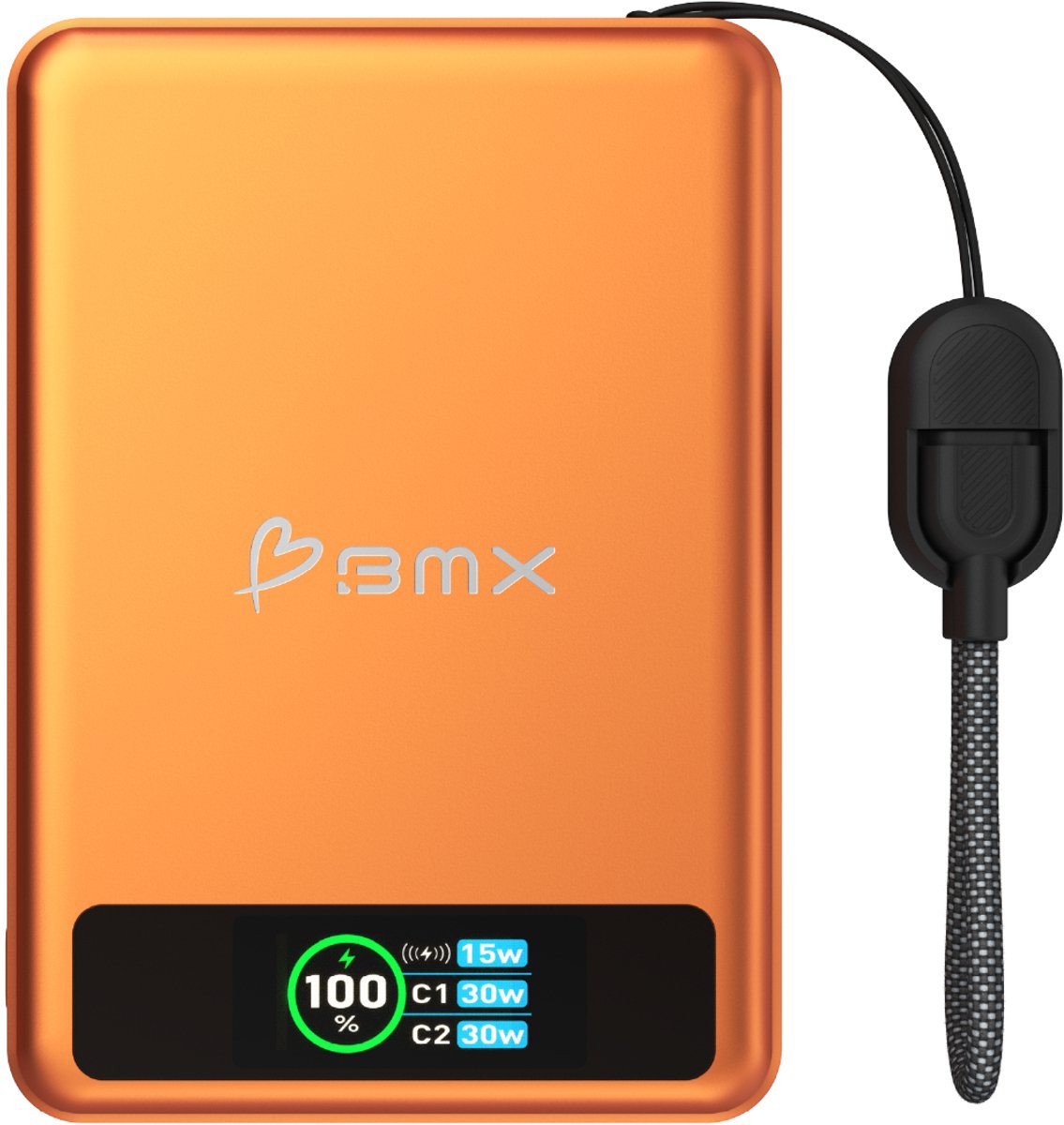 BMX SolidSafe Solid-State Qi2 Magnetische Powerbank – Draadloos opladen 15W – USB-C uitgang 30W – Compact en Duurzaam Ontwerp - Oranje