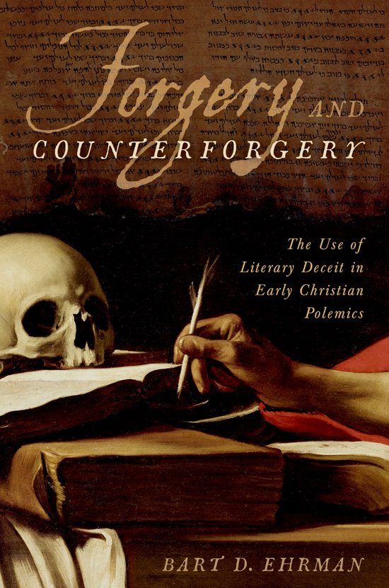Boek 'Forgery AND COUNTERFORGERY': schedel, hand met pen en boek, met tekst in het Hebreeuws en Engels.