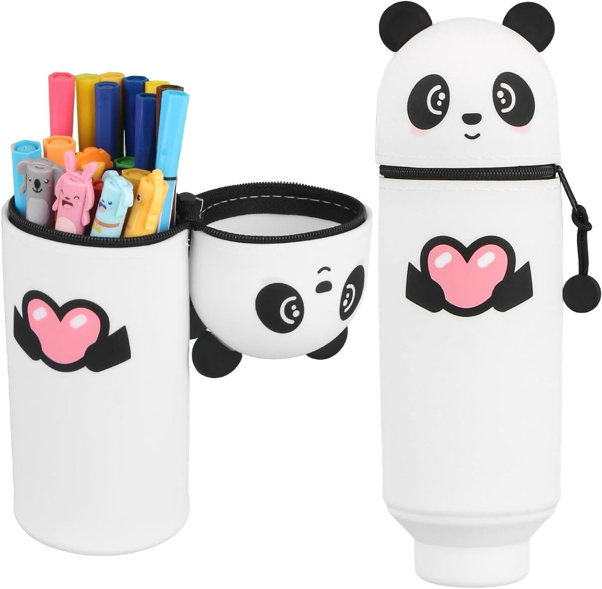 Zachte Siliconen Pennenzak, 2-in-1 Staande Pennentas met Rits voor Kinderen, Schoolbenodigdheden en Kantoorartikelen (Witte Panda)