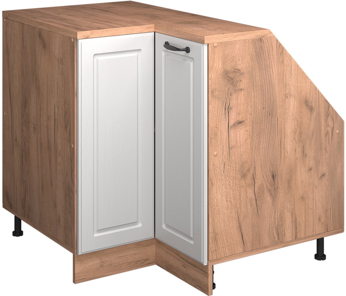 Vicco R-Line Hoekkeukenkast voor schuine wand – 75.6 cm met 1 deur, kastromp 60 cm diepte Wit Landhuis Wit landelijk/Goudkleurig Eiken
