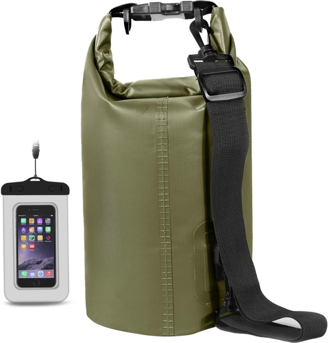 Drybag met Telefoontasje en Riemen - Waterdichte Tas / Rugzak - Strandtas - Zwemtas - Wetbag - Droogtas - Outdoor Tas - PVC - 40L - Militair Groen - van Imperatoris