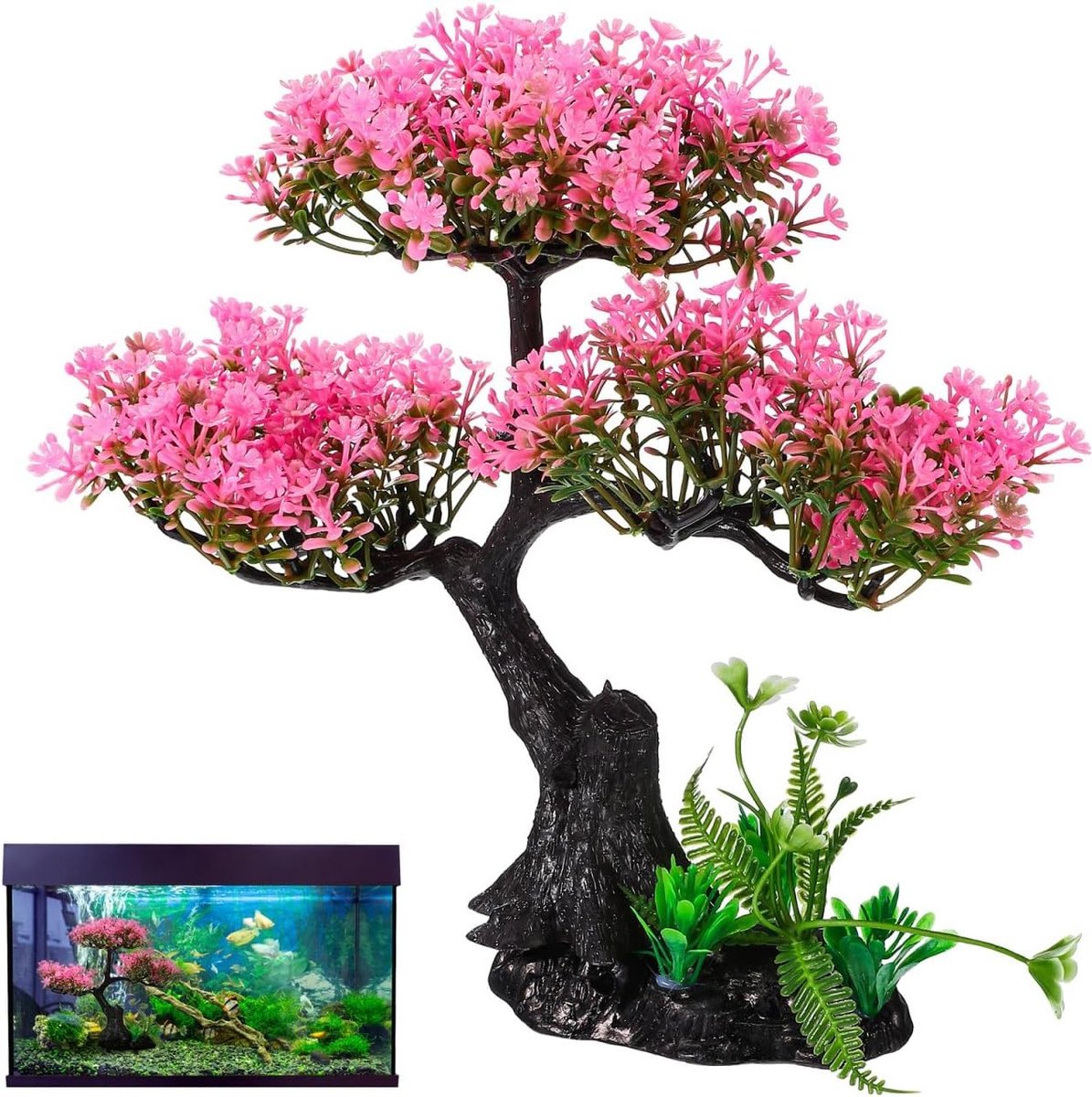 Realistische Kunstplanten voor Aquarium: Decoratieve Roze Kersenbloesemboom en Watergrassen