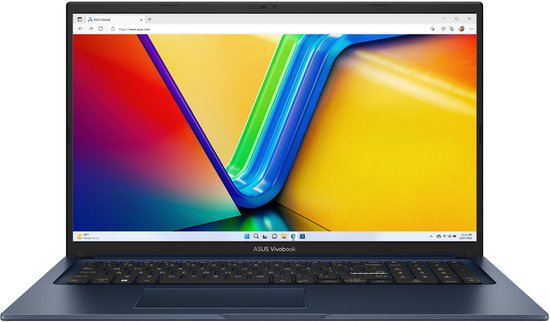 Een blauwe ASUS Vivobook laptop, geopend en van voren getoond, met het bureaublad zichtbaar op het scherm.