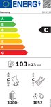 Energielabel met classificatie C, 103 uur en 23 minuten batterijduur, 1200x oplading, en IP52 waterbestendigheid.