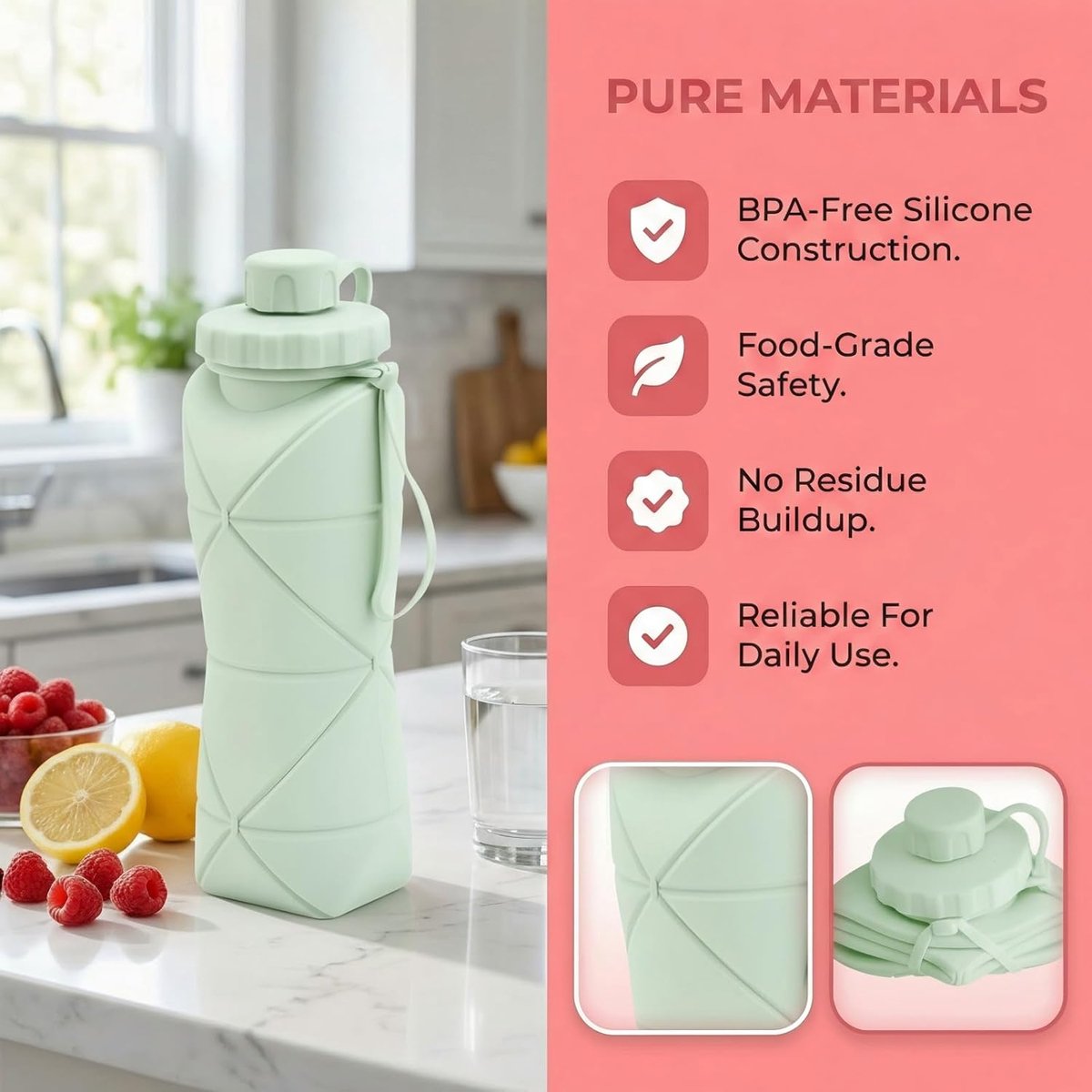 Opvouwbare waterfles - 600 ml siliconen - Zonder BPA - Lekvrij ontwerp - Draagbare travel fles - Lichtgewicht slanke - Met karabijnhaak - Voor wandelen en gym - Groen — cadeau in Sport & Outdoor - foto 6