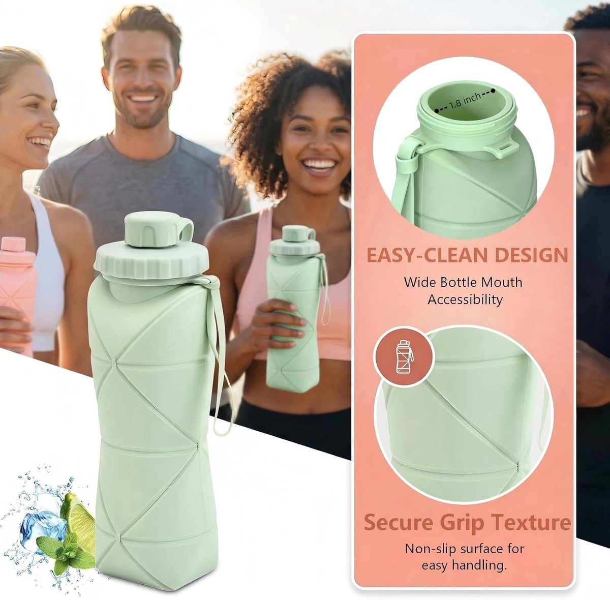 Opvouwbare waterfles - 600 ml siliconen - Zonder BPA - Lekvrij ontwerp - Draagbare travel fles - Lichtgewicht slanke - Met karabijnhaak - Voor wandelen en gym - Groen — cadeau in Sport & Outdoor - foto 7