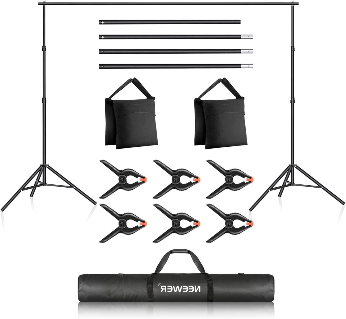 Achtergrondsteun voor Fotostudio, 3m Breed en 2m Hoog, Verstelbaar Statief met 4 Kruisbalken, 6 Achtergrondclips en 2 Zandzakken voor Professionele Portretfotografie, Inclusief Draagtas