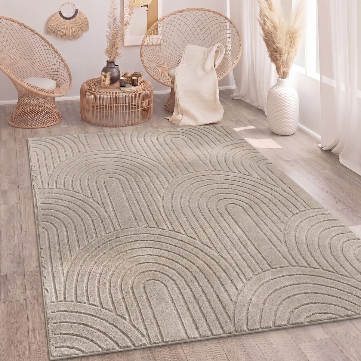 Paco Home Tapijt Woonkamer Slaapkamer Hoogpolig Zacht Afwasbaar Uni 3D Optiek Modern Beige 160x220 cm