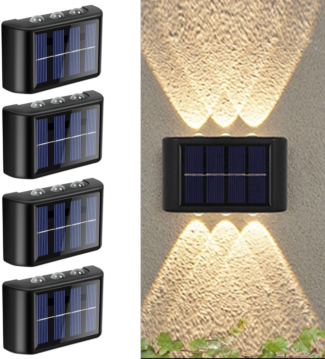 Jhubersproducts - Zonne-muurlicht - 4-delig instelbaar - IP65 waterdicht - LED-verlichting - Warm licht - Buitenverlichting voor tuin en terras