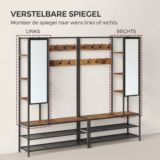 Industriële kapstok met spiegel, schoenenrek en haken. De spiegel kan links of rechts worden gemonteerd.