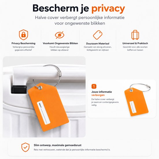 Een oranje bagagelabel met privacy-cover, met ruimte voor naam, die op een witte koffer is bevestigd.