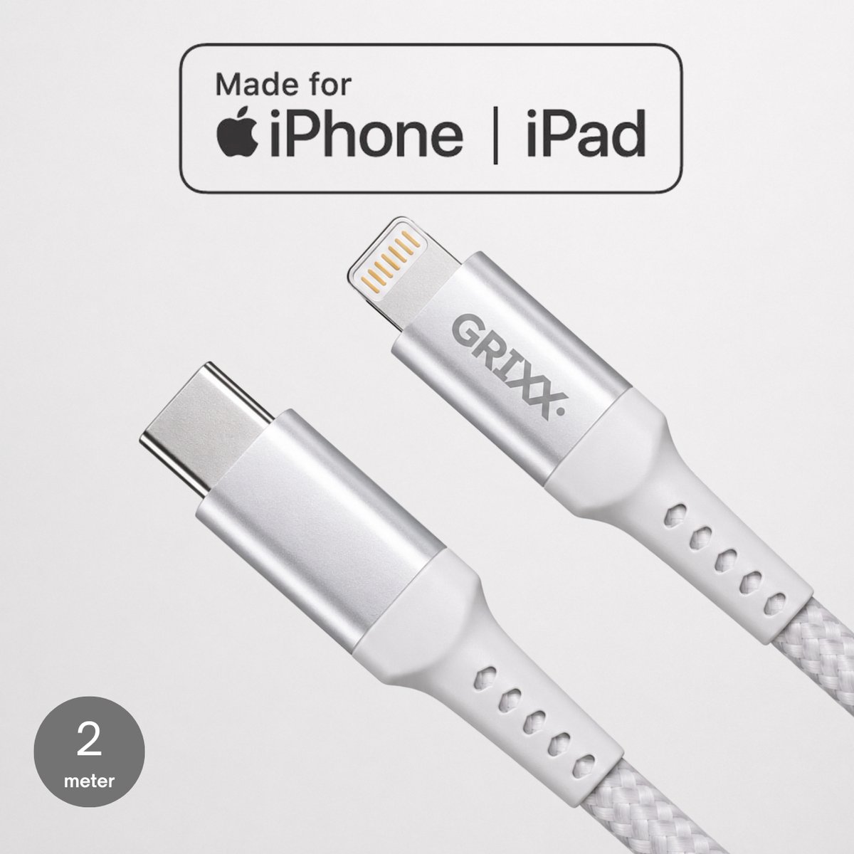 Grixx Lightning naar USB-C Kabel 2 Meter - MFi - 20W Power Delivery - Wit