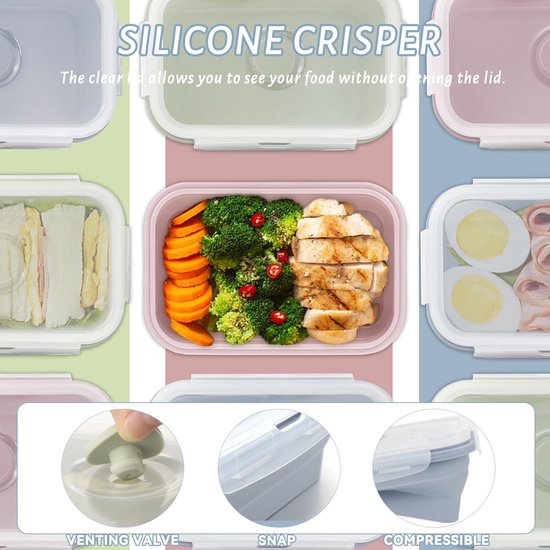 Opvouwbare rechthoek kom - 550ML - Draagbare lunchbox - Slakom - kom van siliconen - kom voor camping - Groente - Inklapbare Vershoudbakjes - voor keuken, camping, outdoor en picknick - 12*6.5cm - 3 Stuks - Groen+Grijs+Roze — afbeelding 5